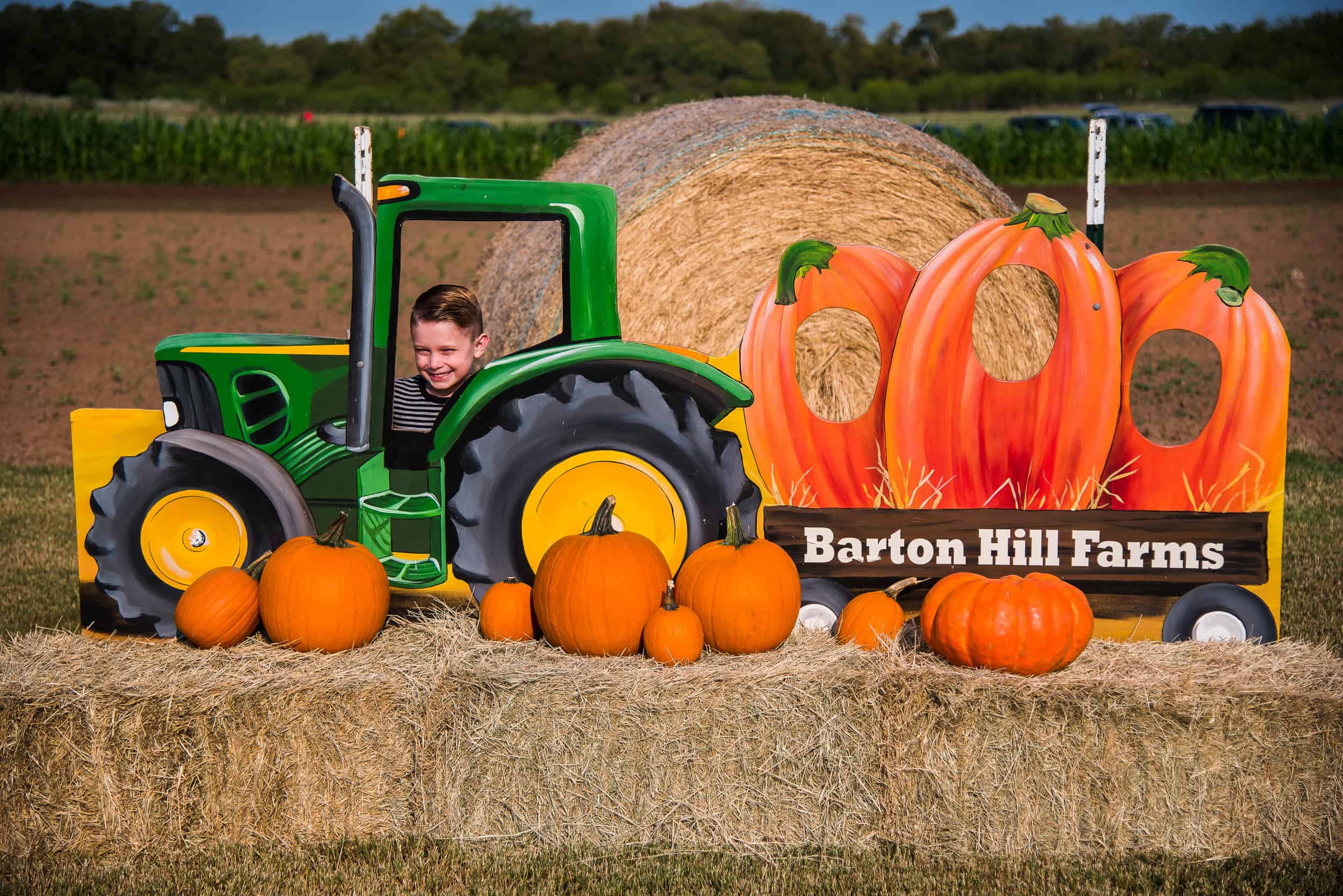 Child with tractor and pumpkins